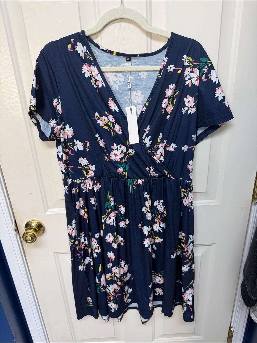 Navy Floral Faux-Wrap Midi Dress